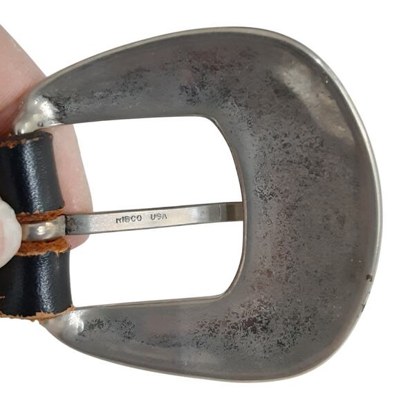 Vintage 90s Tooled Leather Belt Black Distressed Mens 40 Western Wear Boho Aztec - Picture 6 of 8